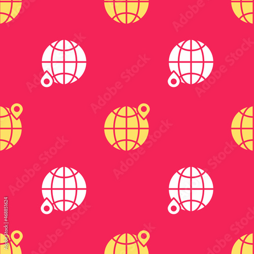 Yellow Location on the globe icon isolated seamless pattern on red background. World or Earth sign. Vector Illustration