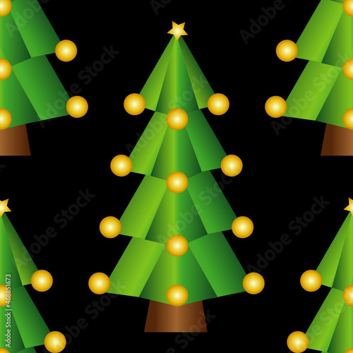 Patrón de árbol de Navidad verde con bolas doradas y estrella dorada sobre fondo negro. Patrón de pino de Navidad sobre fondo negro