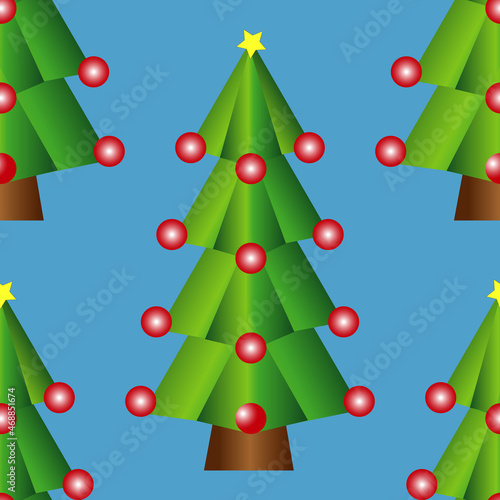 Patrón de árbol de Navidad verde con bolas rojas y estrella amarilla sobre fondo azul. Patrón de pino de Navidad sobre fondo azul