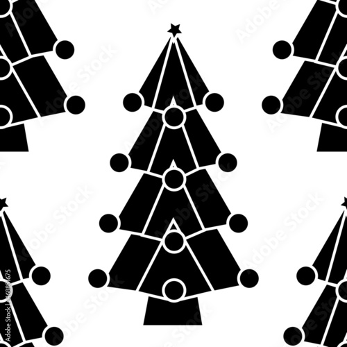 Patrón de árbol de Navidad con bolas y estrella con relleno negro y trazo blanco sobre fondo blanco