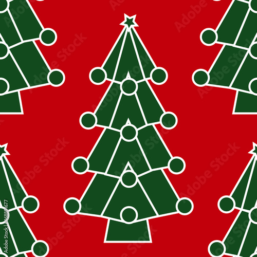 Patrón de árbol de Navidad con bolas y estrella en verde sobre fondo rojo