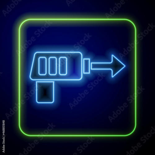 Glowing neon Fishing harpoon icon isolated on blue background. Fishery manufacturers for catching fish under water. Diving underwater equipment. Vector