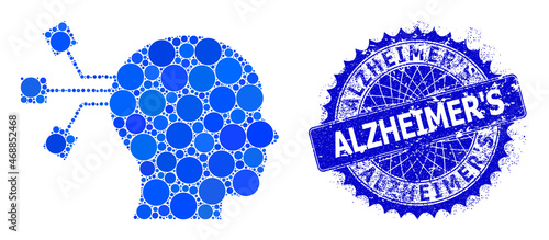 Brain connection vector collage of round dots in different sizes and blue color shades, and grunge Alzheimer'S stamp seal. Blue round sharp rosette stamp seal has Alzheimer'S text inside it.
