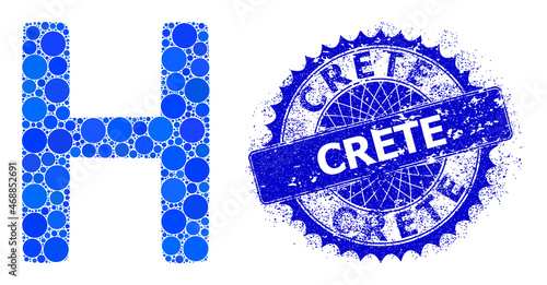 Eta Greek symbol vector composition of round dots in various sizes and blue color shades, and grunge Crete stamp. Blue round sharp rosette stamp has Crete caption inside it.