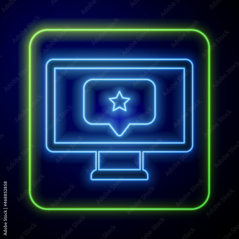 Glowing neon Monitor with star icon isolated on blue background. Favorite, best rating, award symbol. Vector Glowing neon Monitor with star icon isolated on blue background. Favorite, best rating, award symbol. Vector