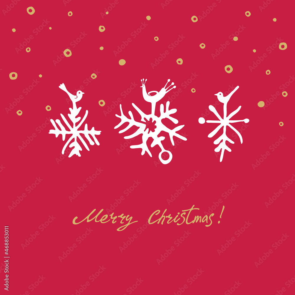 Red holiday card with snowflakes birds. Merry Christmas! Vector illustration in ethnic style. Merry Christmas!