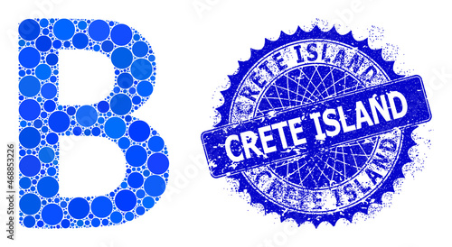 Beta Greek symbol vector collage of dots in different sizes and blue color shades, and scratched Crete Island stamp seal. Blue round sharp rosette stamp includes Crete Island caption inside it.