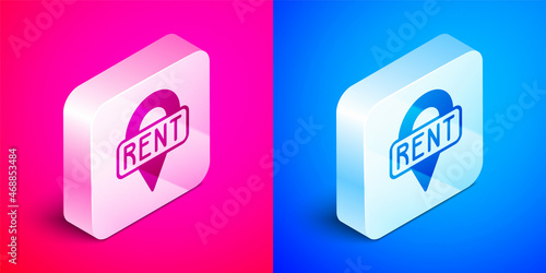 Isometric Location key icon isolated on pink and blue background. The concept of the house turnkey. Silver square button. Vector