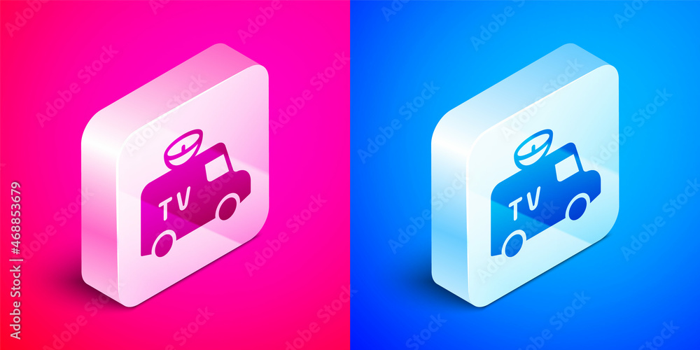 Isometric TV News car with equipment on the roof icon isolated on pink and blue background. Silver square button. Vector Isometric TV News car with equipment on the roof icon isolated on pink and blue background. Silver square button. Vector
