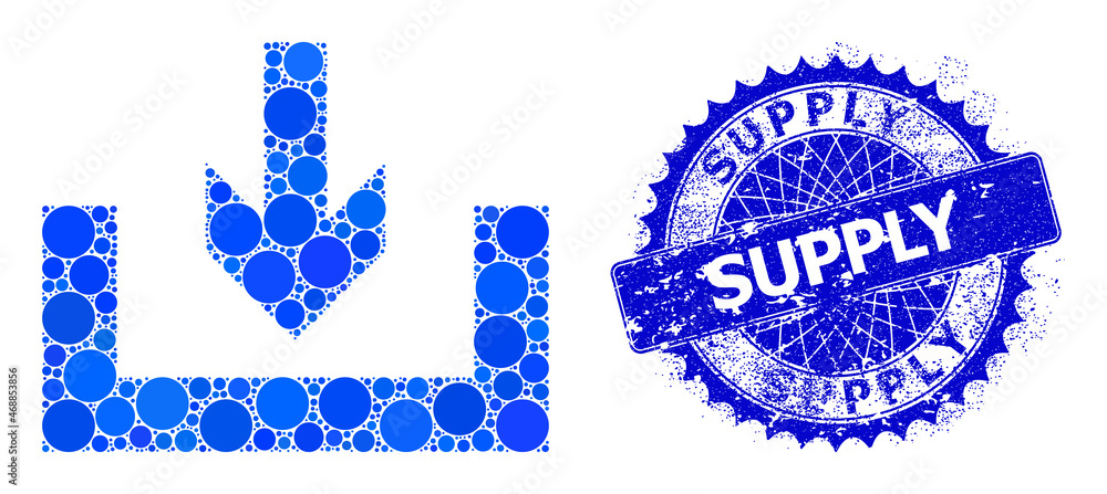 Download box vector collage of round dots in variable sizes and blue color shades, and grunge Supply stamp seal. Blue round sharp rosette seal contains Supply title inside it. Download box vector collage of round dots in variable sizes and blue color shades, and grunge Supply stamp seal. Blue round sharp rosette seal contains Supply title inside it.