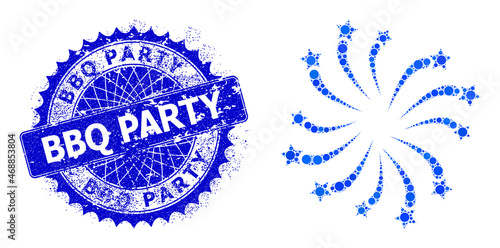 Fireworks salute vector mosaic of round dots in various sizes and blue color tones, and distress BBQ Party stamp seal. Blue round sharp rosette stamp seal includes BBQ Party tag inside it.