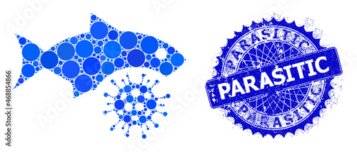 Fish flu virus vector mosaic of dots in different sizes and blue color shades, and scratched Parasitic stamp. Blue round sharp rosette stamp seal includes Parasitic tag inside.