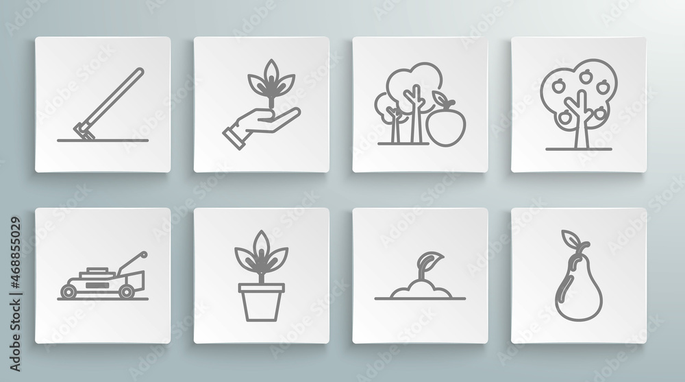 Set line Lawn mower, Plant in hand of environmental protection, Flowers pot, Sprout, Pear, Tree with apple, and Garden rake work icon. Vector Set line Lawn mower, Plant in hand of environmental protection, Flowers pot, Sprout, Pear, Tree with apple, and Garden rake work icon. Vector