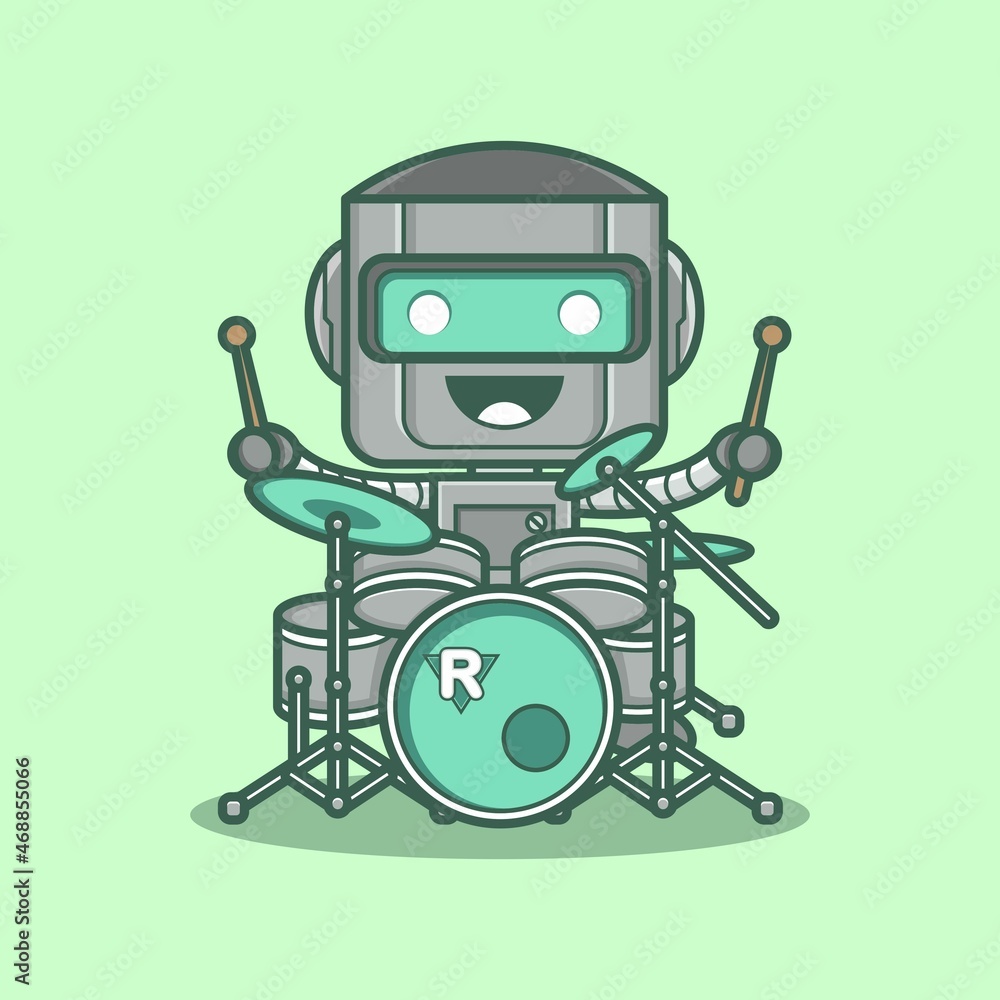 cute cartoon robot character playing drums. vector illustration for mascot logo or sticker