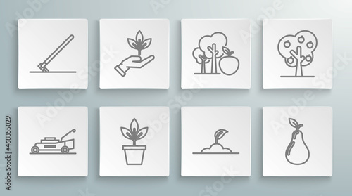 Set line Lawn mower, Plant in hand of environmental protection, Flowers pot, Sprout, Pear, Tree with apple, and Garden rake work icon. Vector