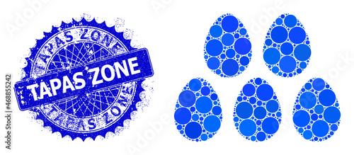 Eggs vector mosaic of dots in variable sizes and blue color hues, and rubber Tapas Zone stamp seal. Blue round sharp rosette stamp seal has Tapas Zone caption inside it.