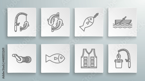 Set line Spinning reel for fishing, Fish, Fishing jacket, rod and, on hook, boat with oars water and icon. Vector