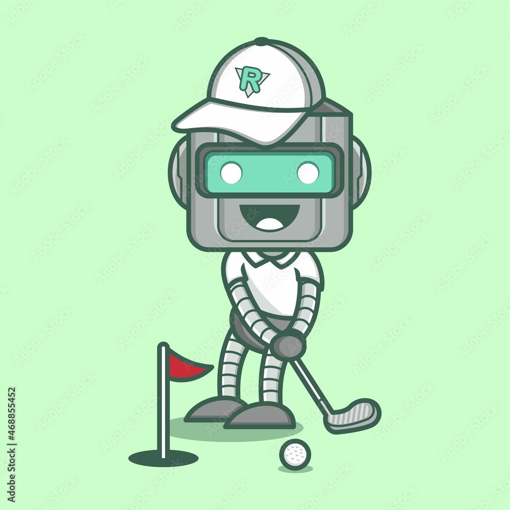 Fototapeta premium cute cartoon robot character playing golf. vector illustration for mascot logo or sticker