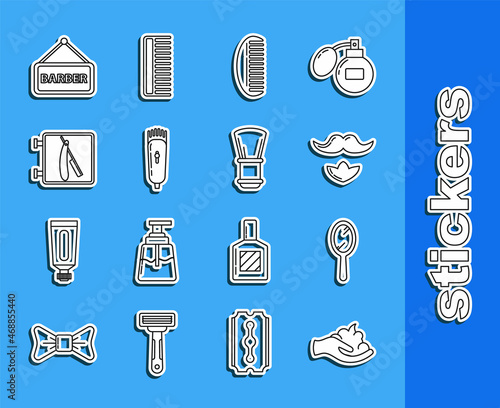 Set line Shaving gel foam on hand, Hand mirror, Mustache beard, Hairbrush, Electrical hair clipper shaver, Barbershop with razor, and icon. Vector