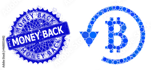 Bitcoin refund vector collage of round dots in different sizes and blue color tints, and rubber Money Back stamp seal. Blue round sharp rosette stamp seal contains Money Back tag inside it.