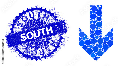 Down arrow direction vector composition of round dots in different sizes and blue color tints, and grunge South seal. Blue round sharp rosette stamp seal contains South text inside it.