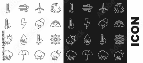 Set line Cloud with rain and moon, Snowflake, Rainbow clouds, Wind turbine, Lightning bolt, Thermometer, and Storm icon. Vector