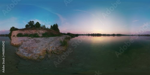 Morning Lake. Sammer Evening Panorama. High quality 360 VR footage
