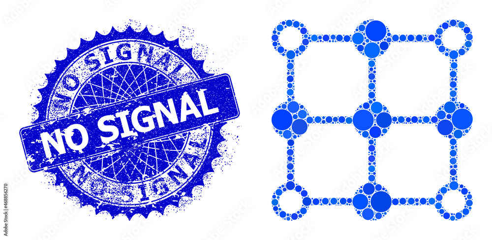 Grid centers vector mosaic of round dots in different sizes and blue color tinges, and textured No Signal badge. Blue round sharp rosette stamp seal contains No Signal text inside it. Grid centers vector mosaic of round dots in different sizes and blue color tinges, and textured No Signal badge. Blue round sharp rosette stamp seal contains No Signal text inside it.