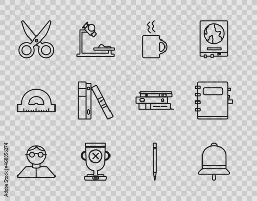 Set line Student, Ringing bell, Coffee cup, Award, Scissors, Office folders with papers and documents, Pencil eraser and Notebook icon. Vector