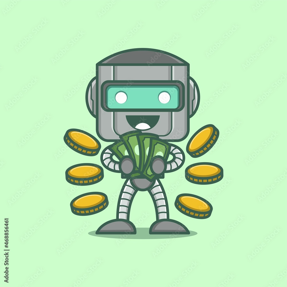 cute cartoon robot character rich with money and coins. vector illustration for mascot logo or sticker cute cartoon robot character rich with money and coins. vector illustration for mascot logo or sticker