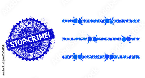 Barbed wire fence vector composition of round dots in different sizes and blue color hues, and scratched Stop Crime! stamp. Blue round sharp rosette stamp includes Stop Crime! caption inside.