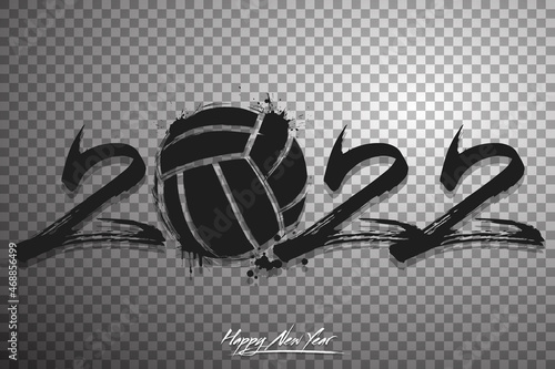 Numbers 2022 and a abstract volleyball ball made of blots in grunge style. Design text logo Happy New Year 2022. Template for greeting card, banner, poster. Vector illustration on isolated background