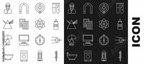 Set line Meteorology thermometer measuring, Satellite, Glass bottle with pipette, Solar system, Pills blister pack, Light rays prism, Assistant and Atom icon. Vector