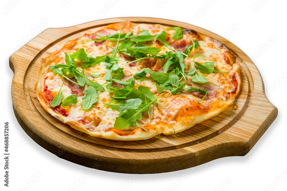 pizza with bacon and aragula isolated on white background