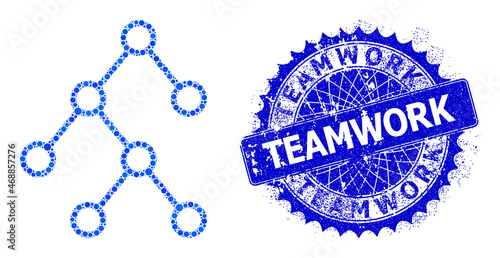 Binary chart links vector collage of dots in various sizes and blue color tints, and grunge Teamwork badge. Blue round sharp rosette badge includes Teamwork tag inside.