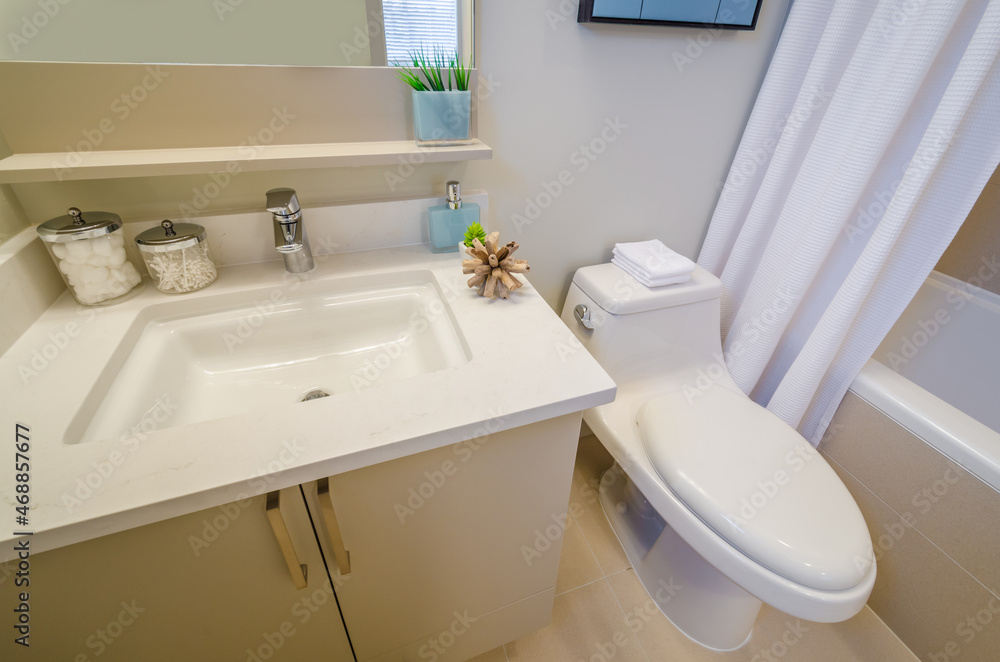 Fototapeta premium Fragment of luxury bathroom with a sink and wooden cabinet
