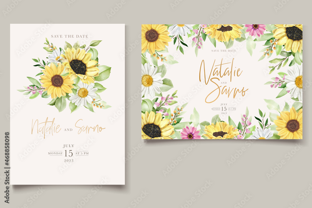 hand drawn sun flower and chrysanthemum invitation card set 