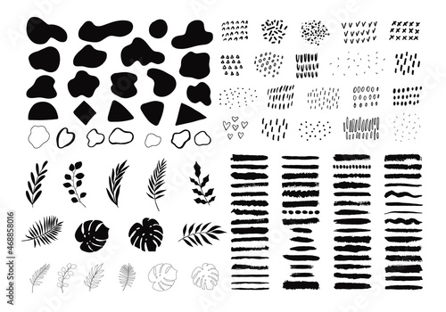 Set of ink black brush strokes spots dots isolated on white background. Black hand drawn inky lines and spots. Graphic vector decoration elements for your design