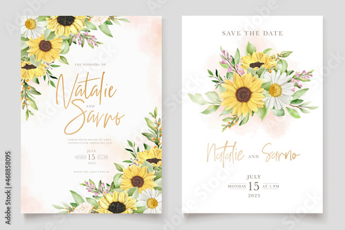 Fototapeta Naklejka Na Ścianę i Meble -  hand drawn sun flower and chrysanthemum invitation card set 
