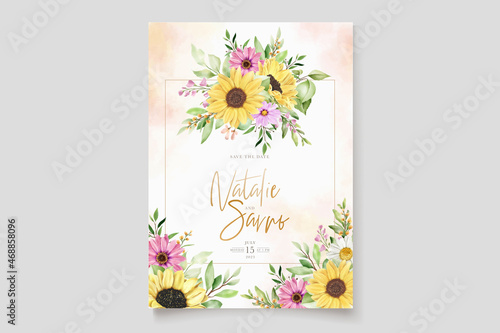 hand drawn sun flower and chrysanthemum invitation card set 