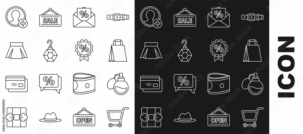 Set line Shopping cart, Perfume, Paper shopping bag, Envelope with an interest discount, Earring, Skirt, Create account screen and Discount percent tag icon. Vector
