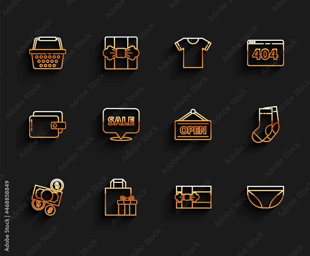 Set line Money cash and coin, Gift box, Shopping basket, Underwear, Hanging sign with Sale, Socks and Open icon. Vector Set line Money cash and coin, Gift box, Shopping basket, Underwear, Hanging sign with Sale, Socks and Open icon. Vector