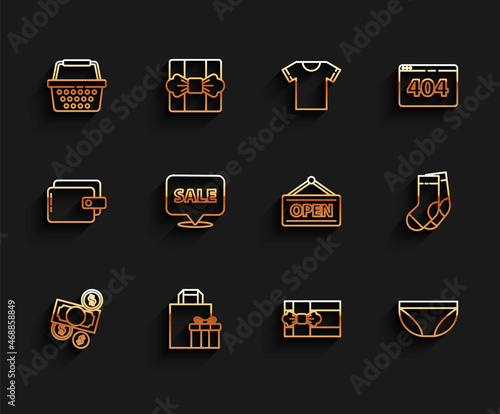 Set line Money cash and coin, Gift box, Shopping basket, Underwear, Hanging sign with Sale, Socks and Open icon. Vector
