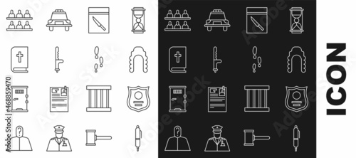 Set line Pen, Police badge, Judge wig, Evidence bag and knife, rubber baton, Holy bible book, Jurors and Footsteps icon. Vector