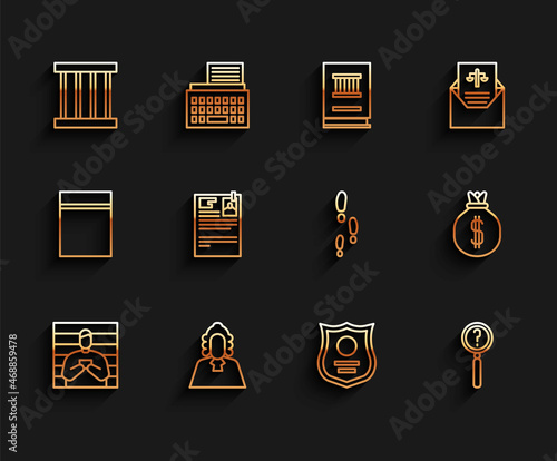 Set line Suspect criminal, Judge, Prison window, Police badge, Magnifying glass with search, Lawsuit paper, Money bag and Footsteps icon. Vector