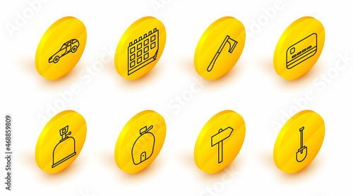 Set line Shovel, Road traffic signpost, Canteen water bottle, Camping gas stove, Credit card, Wooden axe, Calendar and Car icon. Vector