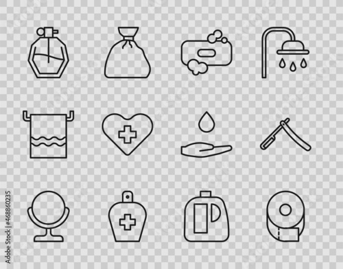 Set line Round makeup mirror, Toilet paper roll, Bar of soap, Bottle liquid antibacterial, Perfume, Heart with cross, Bottles for cleaning agent and Straight razor icon. Vector