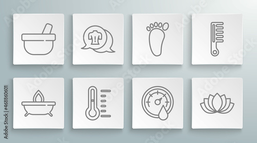 Set line Aroma candle, Massage, Sauna thermometer, Lotus flower, Foot massage, Hairbrush and Mortar pestle icon. Vector