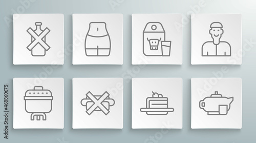 Set line Cooking pot, Women waist, No junk food, Cake, Teapot with cup, Paper package for milk, Positive thinking and alcohol icon. Vector
