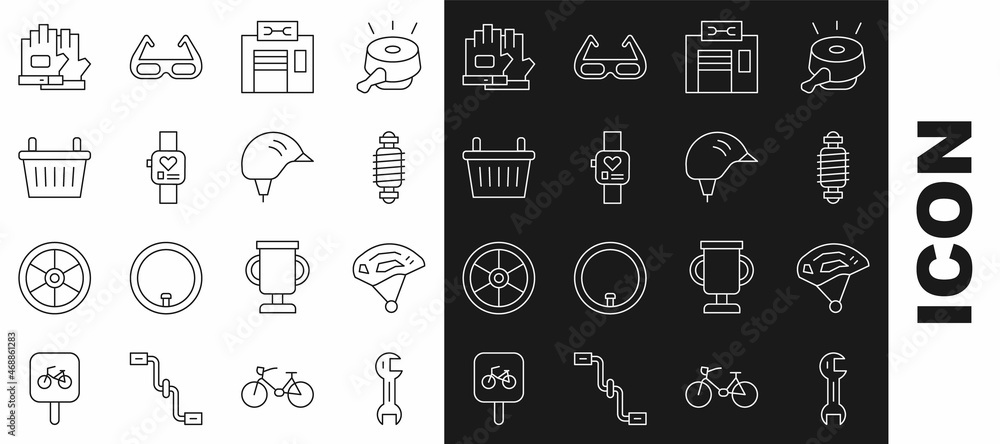 Set line Wrench spanner, Bicycle helmet, suspension, repair service, Smart watch, basket, Gloves and icon. Vector Set line Wrench spanner, Bicycle helmet, suspension, repair service, Smart watch, basket, Gloves and icon. Vector